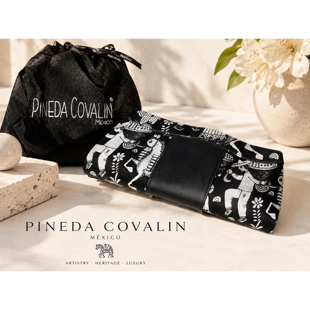 Pineda Covalin Mexico Black White Folk Art Graphic Print Clutch Bag w Dust Bag